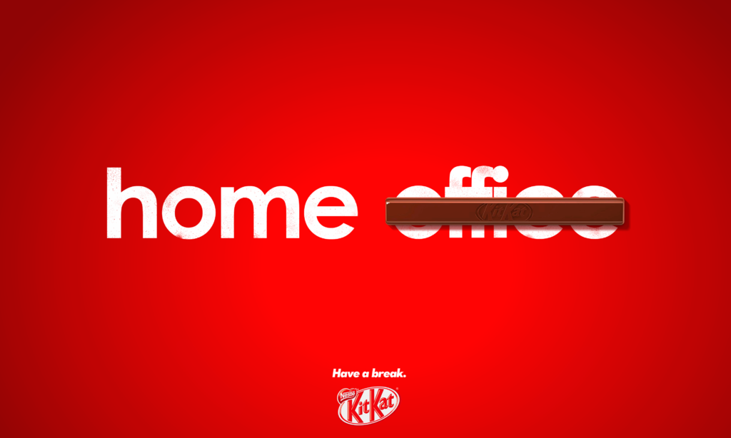 affiche publicitaire KitKat texte sur fond rouge
