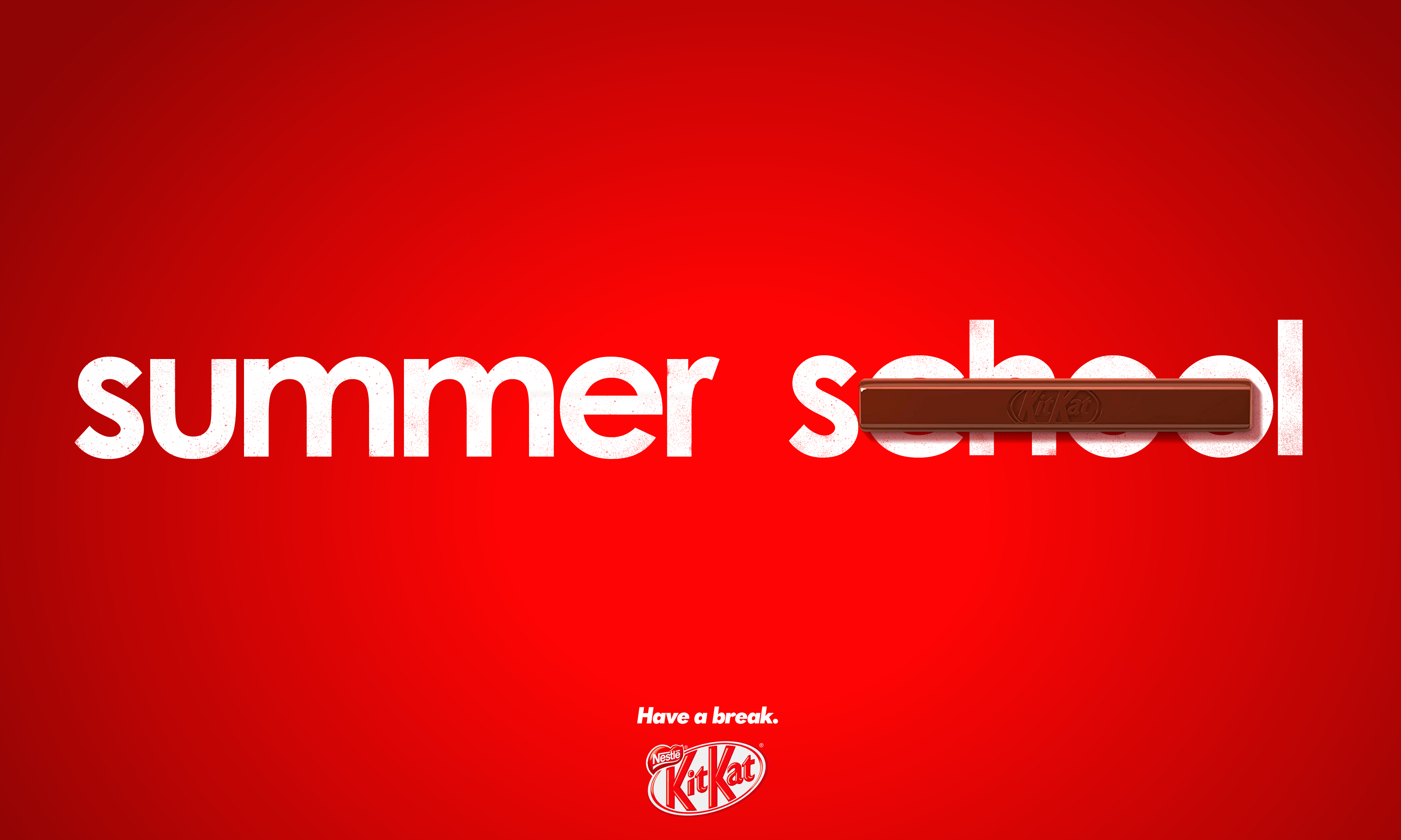 affiche publicitaire KitKat texte sur fond rouge + friandise